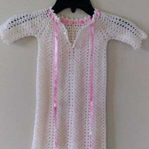 Pretty Knit,Crochet Dress for Infant/Baby.Vintahe Handmade with Pink Ribbon.